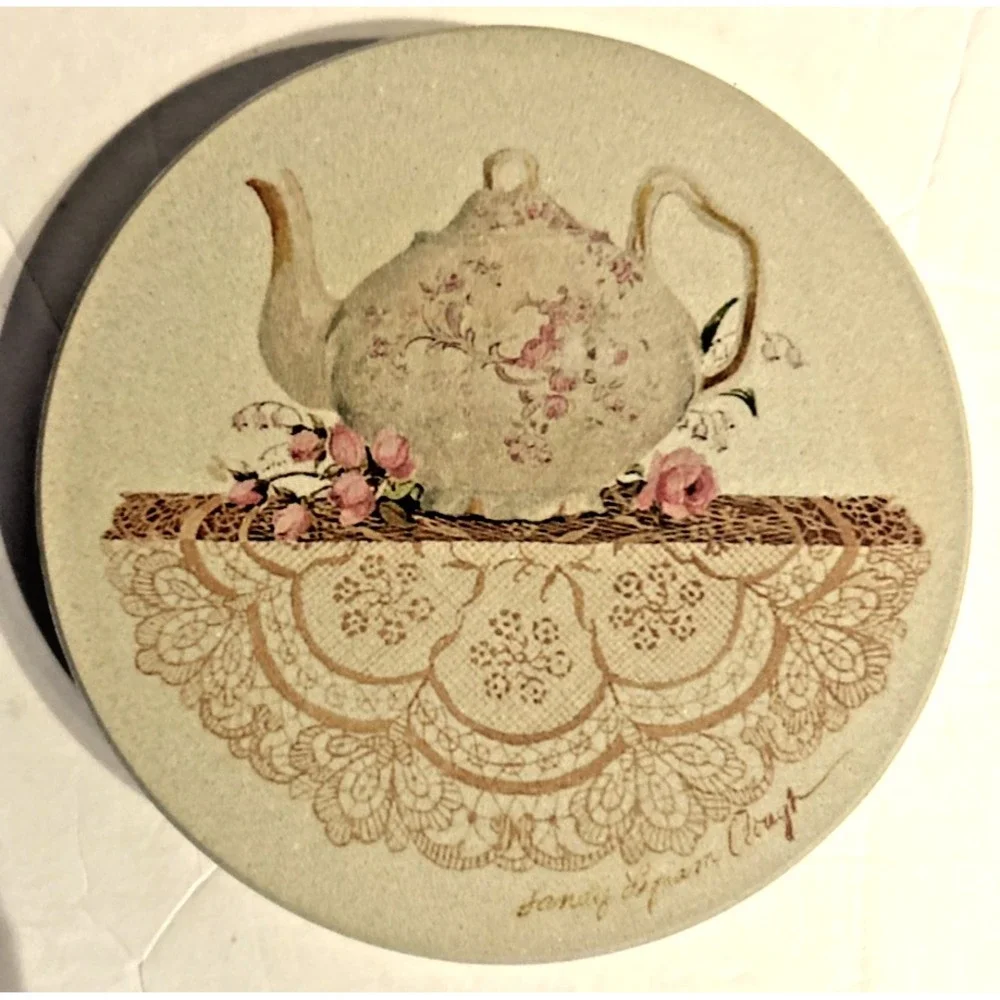 Coaster Stone Set of 4 Round Coasters Teapot Pattern‎ Vtg Cottagecore retro
